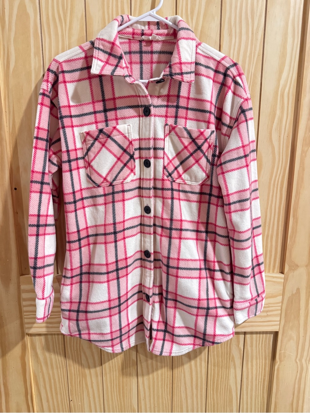 Pink & White Plaid Fleece Button Down Shirt Jacket—XS